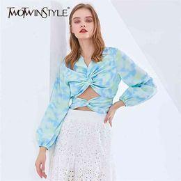 Print Hit Color Blouse For Women V Neck Lantern Long Sleeve Hollow Out Short Shirt Female Fashion 210524