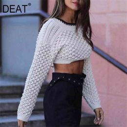 [DEAT] White Fashion Spring Summer Round Neck Hollow Out Backless Drawstring Knitting Loose Sweater Women 13C215 210810