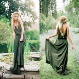 Landbrautjungfernkleider im böhmischen Stil 2021 Frühjahr Neue Spaghetti Low Cut Back Olivgrün Chiffon Trauzeugin Brautkleider Günstig