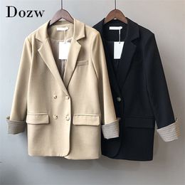 Autumn Women Double Breasted Blazer Coat Plaid Sleeve Office Ladies Blazers Notched Collar Pockets Korean Jacket 210515