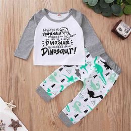 Autumn Children Sets Casual Long Sleeve Letter T-shirt Print Cartoon Dinosaur Shorts 2Pcs Girls Clothes 0-3T 210629