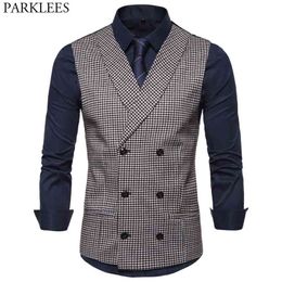 Men's Double Breasted Shawl Collar Dress Vests Fashion Houndstooth Slim Fit Sleeveless Suit Vest Men Business Formal Tuxedo 210522