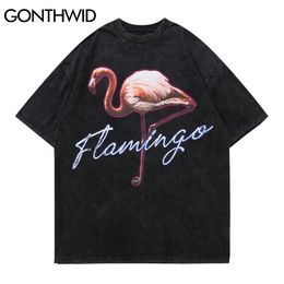 GONTHWID Tshirts Streetwear Hip Hop Flamingo Distressed Tees Shirts Harajuku Casual Loose T-Shirts Men Fashion Short Sleeve Tops C0315