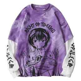 LACIBLE Streetwear Anime Printed Harajuku Hoodie Sweatshirt Fake Two Tie Dye Hip Hop Men Winter Pullover Cotton 210813