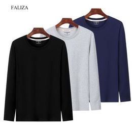 FALIZA Men's Long Sleeve T-Shirts 3-Pack Solid Colour 100% Cotton Casual T Shirt High Quality O-neck Tops Camisetas Hombre TX152 210324