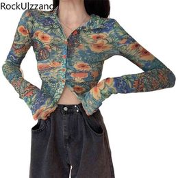 Women Slim Short Long Sleeve Dragon Flower Graffiti Printed Button Blouse Korean Autumn Crop Top Bandage Harajuku Sexy Tee Shirt 210323