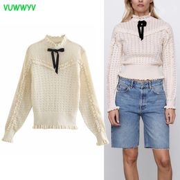 VUWWYV Beige Cropped Knitted Ruffle Woman Sweaters Chic Contrast Bow Applique Ribbed Sweater Women Long Sleeve Tops 210430