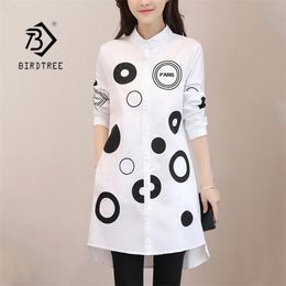 Women Letter Dot Embroidery Long White Blouse Full Sleeve Female Front Short Back Long Shirt Stand Collar 4XL Oversize Top T9642 210317