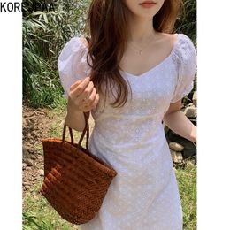 Korejpaa Women Mini Dress Summer Korean Chic Sweet and Elegant Solid Colour Hollow Jacques Tied Waist Bubble Sleeve Dresses 210526