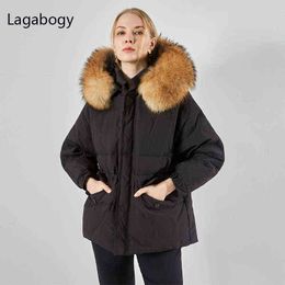 Lagabogy Winter Jacket Women Large Natural Fur Hooded Thick Warm Loose Parkas 90% White Duck Dowm Coats Waist Snow Outwears 211130