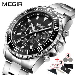 Megir Watch Sports Watches Men Business Chronograph Watches For Men Silver Luxury Brand Man Watch Stainless Zegarek Meski 210527