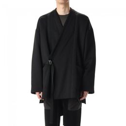 Men's Trench Coats Windbreaker Jacket Wool Kimono Japanese V-neck Dark Black