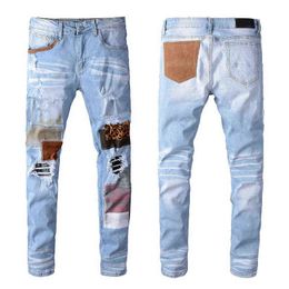 22SS European and American men's designer hip-hop jeans high street fashion tide brand cycling motorcycle wash patch letter loose fit