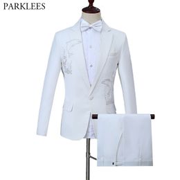 Diamond Dolphin Pattern White Mens Suit 2 Piece Set Fashion Simple Men Blazer with Pants Suit Set Wedding Stage Men Clothing 3XL 210524