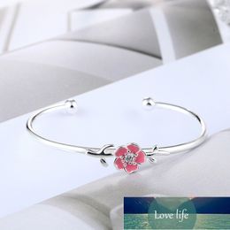 925 Sterling Silver Pink Cherry Blossoms Bangle Bracelet Delicate Drop Glaze Open Cuff Bangle For Women Jewellery S-B278