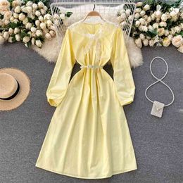 Spring Wear Korean Style Simple Pure Color Vestidos Female Temperament Round Neck Slim Puff Sleeve Midi Dress GK285 210506