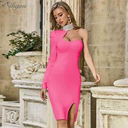 Summer Women One Shoulder Bandage Sexy Halter Long Sleeve White Celebrity Runway Club Party Bodycon Dresses 210525