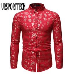 Red Christmas Shirt Men Casual Xmas Gift Printed Mens Long Sleeve Shirt Button Down Dress Shirts Top Blouses Chemise Homme 210528