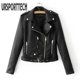 Autumn Women Pu Leather Jacket Woman Zipper Belt Short Coat Female Black Punk Bomber Faux Leather Jackets Women Outwear XXXL 210528