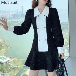 Spring Black Elegant Party Dress Women Color-blocked Double-breasted Full Sleeve Mini Dresses Vintage Fashion Ladies Vestid 210513