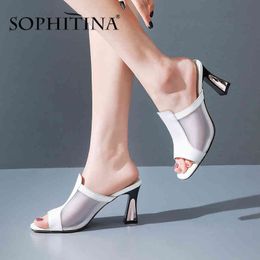 SOPHITINA Women's Sandals High Heels Sexy Hollow Square Heel Splice Design Elegant Shoes Summer Comfortable Slippers Women SO472 210513