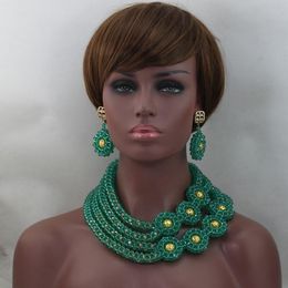 Earrings & Necklace African Wedding Women Bridal Sets Green Flowers Mix Gold Balls Crystal Beads Jewelry Set ALJ1007