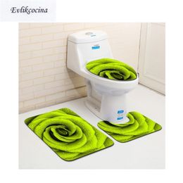 Free 3pcs Green Flower Banyo Bathroom Carpet Toilet U Type Bath Mats Set Non Slip Pad Tapis Salle De Bain Alfombra Bano 211026