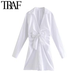 Women Chic Fashion With Knot Pleated White Mini Dress Vintage Long Sleeve Side Zipper Female Dresses Vestidos 210507