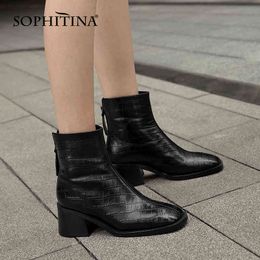 SOPHITINA Women Boots Pattern Genuine Leather Zipper Shoes Square Toe High Heel Casual Female Ankle Shoes SO738 210513