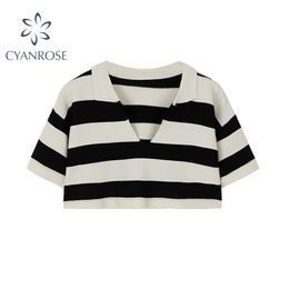 Fashion Summer Vintage Striped Knitwear Women Pullover Loose Short-Sleeved Sweater V-Neck Sexy Sweaters E-girl Crop Tops 210515