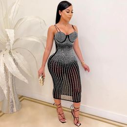 Casual Dresses Beautiful Crystal Studded Midi Dress For Women Sparkly Spaghetti Strap Bandage Bodycon Sequin Party Sexy Club Outfits