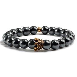 Natural Stone Beads Bracelets & Bangles Charm Gold Sliver Crown Couple Handmade Stretch Hematite Bracelet for Women Men Jewellery