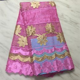5Yards/Lot Wonderful Pink African Water Soluble Fabric And Gold Flower Embroidery French Guipure Lace Material PL52295