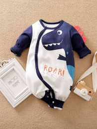Yierying Baby Letter & Dinosaur Graphic Button Front Contrast Binding Jumpsuit SHE