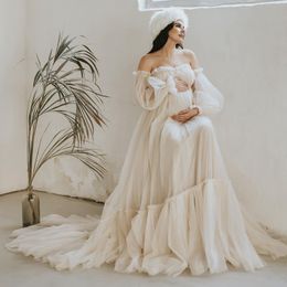 Pretty Off Shoulder Evening Dresses Tulle Ruffles A-line Maternity Dress Illusion Puffy Sleeves Long Robes For Pregnant Women P230Z