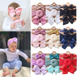 3Pcs/Set Solid Color Soft Nylon Baby Headband Sequin Bows Knotted Newborn Girls Round Knot Donuts Headbands Hair Accessories