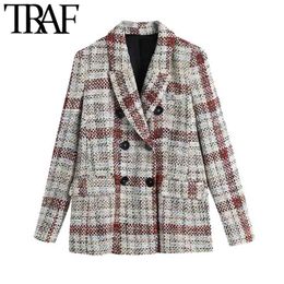 Women Fashion Double Breasted Check Tweed Blazer Coat Vintage Long Sleeve Pockets Female Outerwear Chic Tops 210507