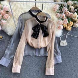 Spring Clothes Femininity Long Sleeve Shirt Women Fashion Sequined Bow Elegant Korean Clothing Blosue R119 210527
