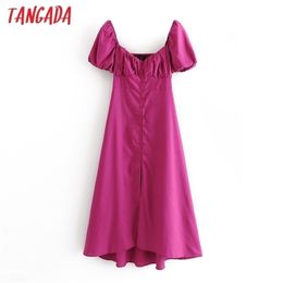 Tangada fashion women solid hotpink dress pleated puff short sleeve ladies casual midi dress vestidos 3H671 210323