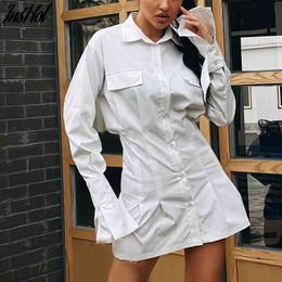 V Neck Long Sleeve Shirt Dress Bandage White Women Sexy Mini A Line Office Autumn Casual Tunic Dresses Fashion 210514