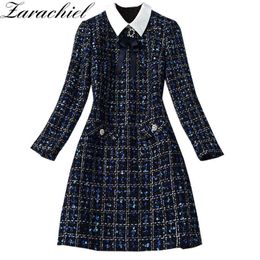 -Diseñador de moda azul marino cuadra a cuadros pajarita vestido de tweed otoño invierno mujeres manga larga diamantes botón vintage lana vestido corto g1215