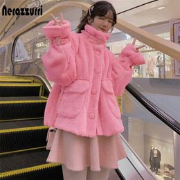 Nerazzurri Kawaii white soft fluffy faux fur jacket women long sleeve zipper pockets Pink coats and jackets fashion 211220