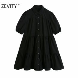 ZEVITY Women simply turn down collar solid black mini Dress office lady pleats ruffles Vestido Chic casual loose Dresses DS4418 210325