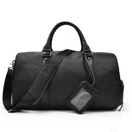 Duffel Bags Men's Leather Travel Bag Lychee-printed Retro Handbag Large-capacity One-shoulder Slanted Strap Shoe Seat