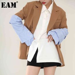 [EAM] Women Striped Big Size Casual Blazer Lapel Long Sleeve Loose Fit Jacket Fashion Spring Autumn JI82504 21512