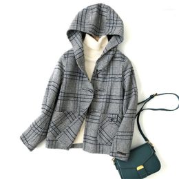Handmade Double-sided Woollen Coat Short 2021 Autumn Hooded Loose Horn Button Female Fashion Simple Casual B0951