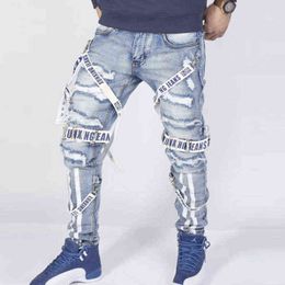 Pantaloni larghi estivi dei jeans da uomo 2021 design di collocazione degli uomini di strada alla moda pantaloni dritti autunnali pantaloni strappati da motociclista G0104