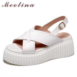 Meotina Women Shoes Genuine Leather Sandals Flat Platform Buckle Sandals Round Toe Cow Leather Ladies Footwear Summer Sliver 40 210608