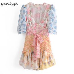Multicolor Patchwork Floral Print Dress Women Sexy V Neck Short Sleeve Sashes Holiday Summer Asymmetric Mini Robe 210430