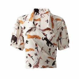 Summer Women Animal Printing Wrap Short Shirt Female Puff Sleeve Blouse Casual Lady Loose Crop Tops Blusas S8963 210430